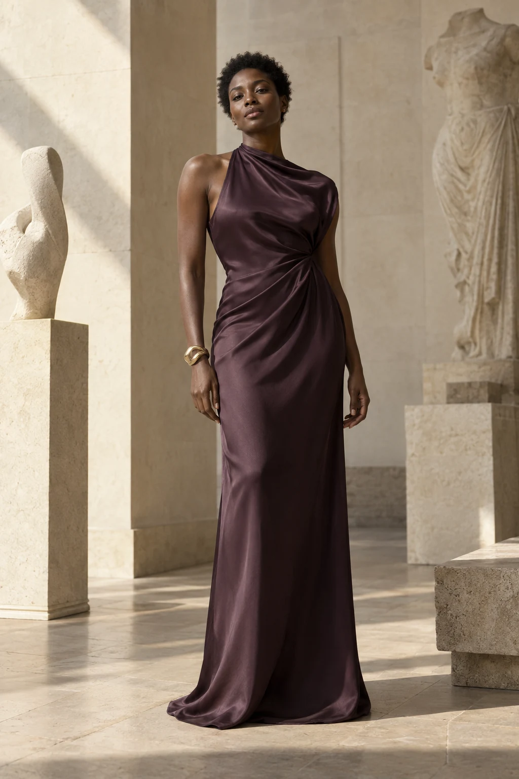 Vestido Aura em ameixa, em uma composição editorial entre esculturas